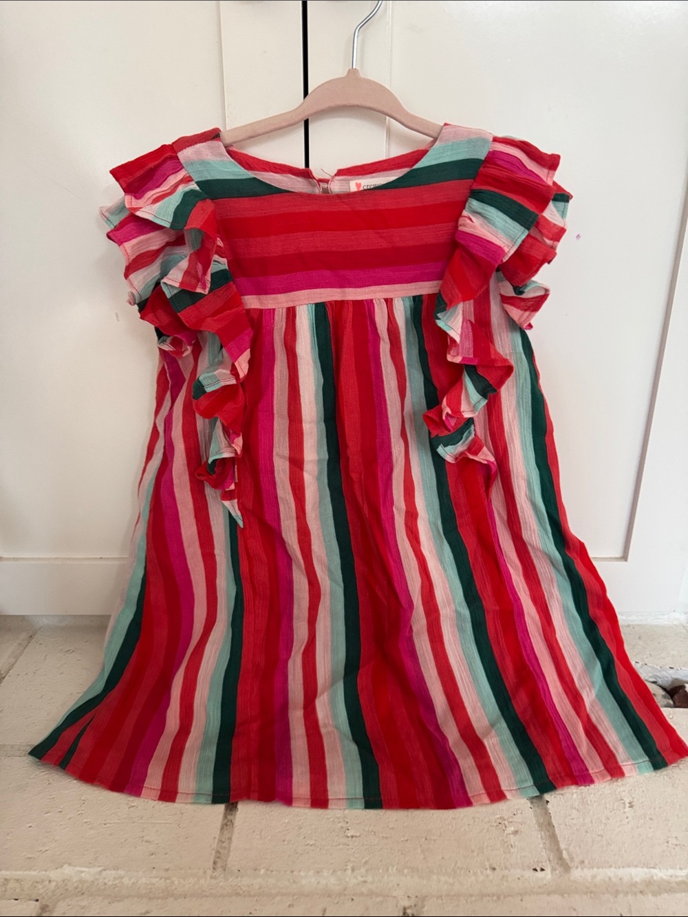 Crewcuts Pink, Red & Green Striped Ruffle Dress
